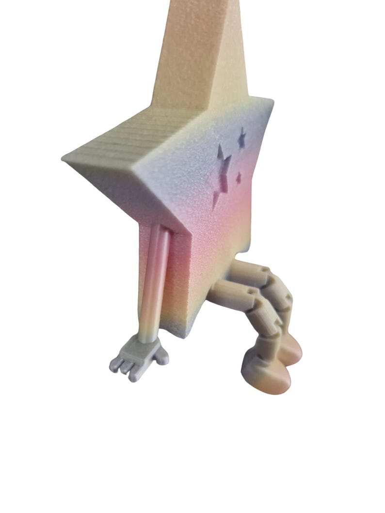 May include: A whimsical star-shaped figurine with articulated arms and legs. The star features a gradient of colors, transitioning from beige to pink and blue. The arms and legs are a light beige color, and the hands are gray.