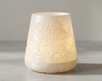 Design Lithophanie Tischleuchte mit Tulpen-Relief – Edle 3D-gedruckte Dekoration, Warmes LED Licht, Einzigartiges Blumendesign, Boho Stil
