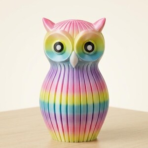 Puede incluir: Una figura de b&uacute;ho colorida con un dise&ntilde;o de gradiente de arco&iacute;ris. El b&uacute;ho tiene ojos grandes y redondos y orejas peque&ntilde;as. Est&aacute; hecho de un material acanalado y se encuentra sobre una superficie de madera.