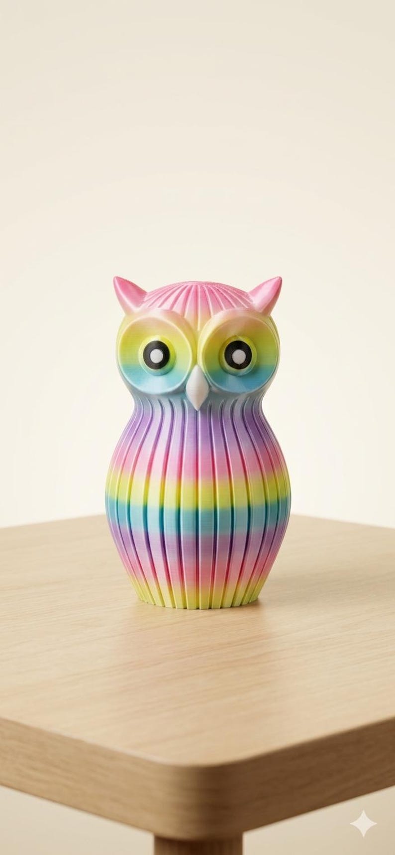Puede incluir: Una figura de b&uacute;ho colorida con un dise&ntilde;o de gradiente de arco&iacute;ris. El b&uacute;ho tiene ojos grandes y redondos y orejas peque&ntilde;as. Est&aacute; hecho de un material acanalado y se encuentra sobre una superficie de madera.