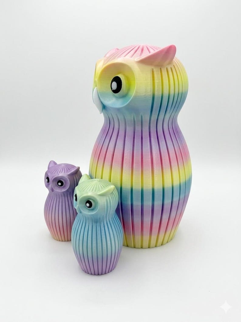 Puede incluir: Tres figuras de b&uacute;hos coloridos en tonos pastel arco&iacute;ris. El b&uacute;ho m&aacute;s grande es alto y rayado, con los b&uacute;hos m&aacute;s peque&ntilde;os en tonos de morado y azul. Los b&uacute;hos tienen ojos grandes y redondos y un acabado liso y brillante.