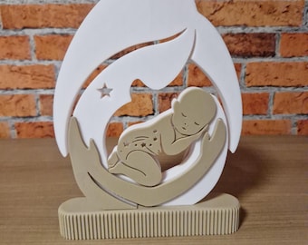 Moderne Skulptur „Geborgenheit“ – Schlafendes Baby in schützenden Händen | Minimalistische Deko für das Kinderzimmer | Geschenk zur Geburt