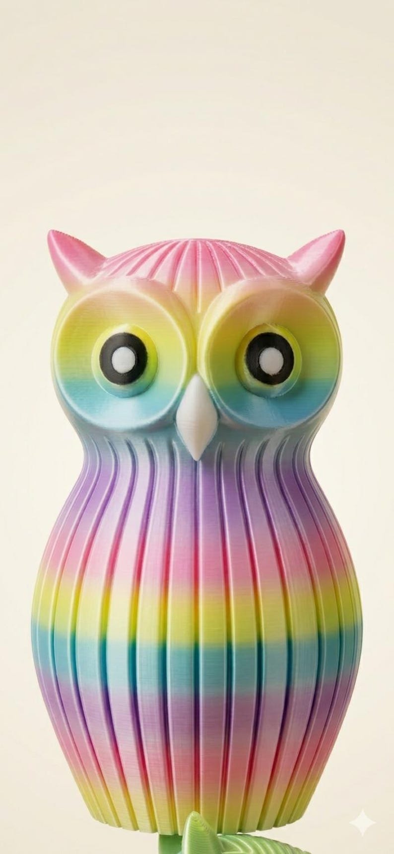 Puede incluir: Figura de b&uacute;ho multicolor con un degradado de rosa, amarillo, azul y morado. El b&uacute;ho tiene ojos grandes y redondos y un pico blanco. La figura est&aacute; hecha de un material acanalado.