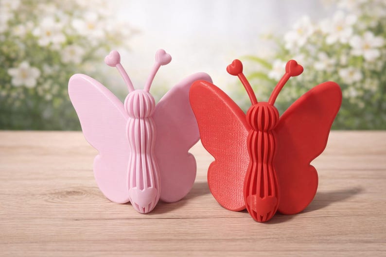 May include: Two butterfly ornaments, one pale pink and one red. Each has heart-shaped antennae and a ribbed body. They are presented on a wooden surface, with a blurred floral backdrop.