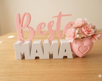 Beste Mama Aufsteller mit Herz-Vase & Blumen, 3D Druck Geschenk Muttertag, Geburtstagsgeschenk für Mama, Deko Rosa Weiß