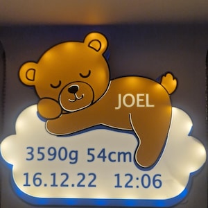 Puede incluir: Ilustraci&oacute;n de un oso de peluche amarillo dorado con el nombre "JOEL" en un letrero blanco con forma de nube. El letrero muestra los detalles del nacimiento del beb&eacute;: 3590g, 54cm, y la fecha y hora de nacimiento: 16.12.22 12:06.
