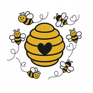 May include: A yellow and black beehive with a black heart in the center, surrounded by six cartoon bees. The bees have black and yellow stripes and white wings, with dotted lines and hearts trailing behind them.