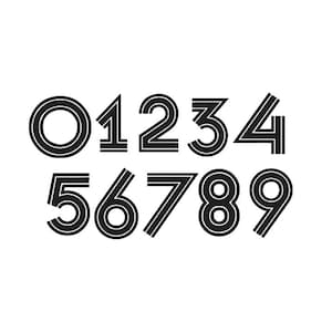 Puede incluir: Números negros y blancos del 0 al 9, cada uno con un diseño de doble línea. Los números están en una fuente sans-serif y están espaciados uniformemente sobre un fondo blanco. Adecuado para proyectos de diseño.