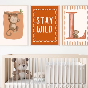 Juego de láminas infantiles de mono naranja, arte mural de safari, ilustración en acuarela, inicial personalizada (descarga digital)