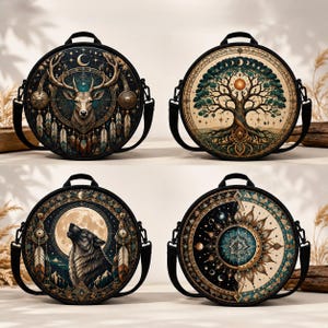 May include: Four round crossbody bags with black straps and frames. Each bag features a unique circular graphic: a deer with feathers, a tree with roots, a wolf howling at a moon, and a geometric mandala pattern with celestial moon phases.