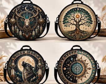 May include: Four round crossbody bags with black straps and frames. Each bag features a unique circular graphic: a deer with feathers, a tree with roots, a wolf howling at a moon, and a geometric mandala pattern with celestial moon phases.