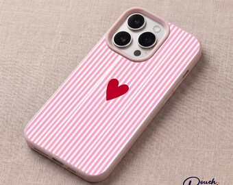 ミニマリスト ラブハート ストライプ ケース、ピンク ストライプ スマホケース、彼女へのギフト、iPhone 18 Pro Max 用ソフト耐衝撃カバー。