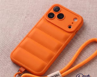 Puffer Jacket Phone Case with Glitter and Lanyard, Silicone Phone Case, Protective Cover for iPhone 17, 16, 15, 14, 13,12 Pro Max