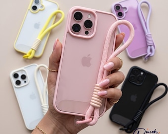 Funda acrílica transparente para iPhone con cordón, marco color caramelo, cubierta a prueba de golpes para la serie iPhone