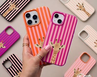 ミニマルなキリンのイラスト入りスマホケース、かわいいストライプ柄ケース、カラフルな縦縞模様のサファリカバー（iPhone 18、17、16、15 Pro Max対応）