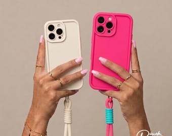 Funda para teléfono rosa y blanca con cordón, funda de lujo femenina, regalo para ella, funda protectora suave para modelos de iPhone (17-11 Pro Max).