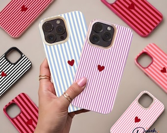 Funda para teléfono con diseño de corazón a rayas, funda para teléfono con diseño de amor, mini funda con forma de corazón, funda para teléfono para parejas, funda protectora suave para iPhone 17, 16, 15, 14 Pro Max.