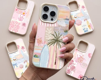 Funda para iPhone con diseño de tabla de surf tropical y palmeras, funda antigolpes con estampado de playa veraniega (iPhone 17-14)