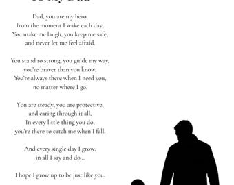 Puede incluir: Una impresión blanca con la silueta negra de un adulto y un niño tomados de la mano. El texto dice: To My Dad, seguido de un poema sobre una figura paterna, terminando con la firma Love from Oliver. El diseño es limpio y sencillo.