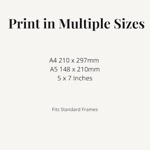 Puede incluir: Un gr&aacute;fico informativo blanco con texto negro que dice Print in Multiple Sizes, seguido de A4 210 x 297mm, A5 148 x 210mm, 5 x 7 Inches, y el texto Fits Standard Frames en la parte inferior de la imagen.