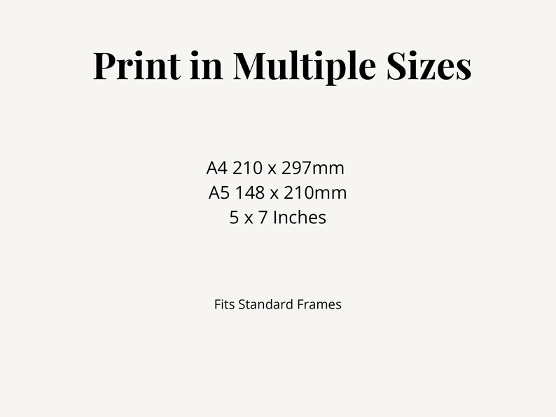 Puede incluir: Un gr&aacute;fico informativo blanco con texto negro que dice Print in Multiple Sizes, seguido de A4 210 x 297mm, A5 148 x 210mm, 5 x 7 Inches, y el texto Fits Standard Frames en la parte inferior de la imagen.