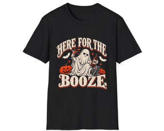 Camiseta divertida de Halloween, Camiseta del fantasma "Aquí por la bebida", Camiseta vintage de Halloween para beber