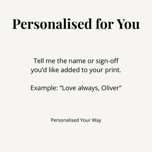 Puede incluir: Un gr&aacute;fico informativo blanco con texto negro que dice: Personalised for You. Tell me the name or sign-off you'd like added to your print. Example: Love always, Oliver. Personalised Your Way. El texto est&aacute; centrado en la p&aacute;gina.