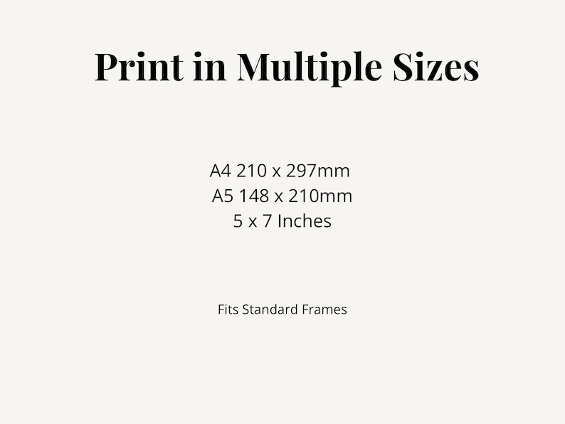 Puede incluir: Un gr&aacute;fico informativo blanco con texto negro que dice Print in Multiple Sizes, seguido de A4 210 x 297mm, A5 148 x 210mm, 5 x 7 Inches, y el texto Fits Standard Frames en la parte inferior de la imagen.