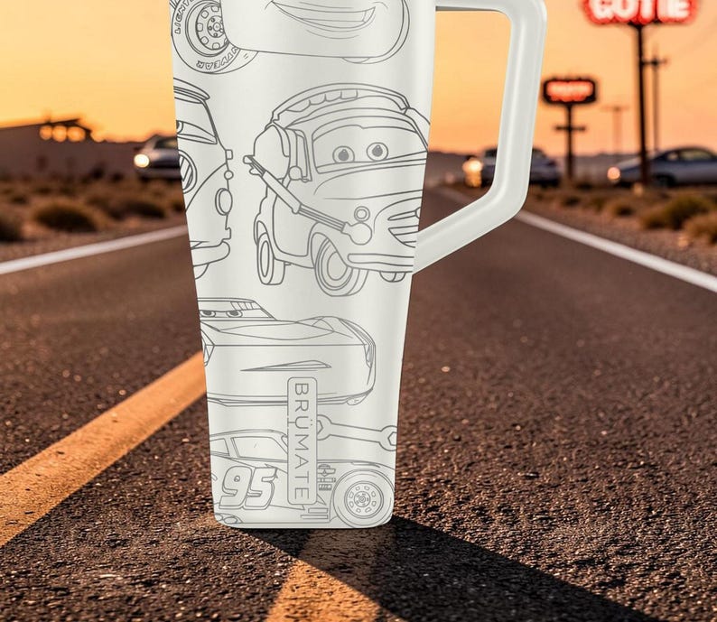 May include: A white insulated tumbler with a handle featuring a black line art pattern of various animated car characters. The design includes multiple vehicles with expressive eyes and the text BR&Uuml;MATE printed vertically on the side of the tumbler.