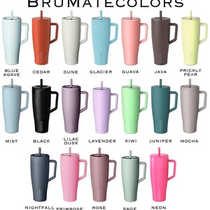 May include: A collection of twenty tall tumblers with handles and straws, arranged in three rows. The text BR&Uuml;MATECOLORS appears at the top, with individual color names listed below each tumbler, including Blue Agave, Cedar, Dune, Glacier, Guava, Java, Prickly Pear, Mist, Black, Lilac Dusk, Lavender, Kiwi, Juniper, Mocha, Nightfall Blue, Primrose, Rose Taupe, Sage, and Neon Pink.