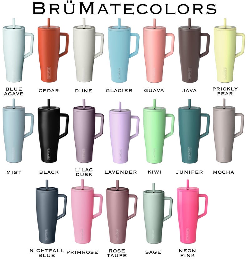 May include: A collection of twenty tall tumblers with handles and straws, arranged in three rows. The text BR&Uuml;MATECOLORS appears at the top, with individual color names listed below each tumbler, including Blue Agave, Cedar, Dune, Glacier, Guava, Java, Prickly Pear, Mist, Black, Lilac Dusk, Lavender, Kiwi, Juniper, Mocha, Nightfall Blue, Primrose, Rose Taupe, Sage, and Neon Pink.
