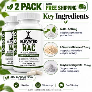 May include: Two white plastic bottles of Elevated Nutrition NAC 150 capsules each, totaling 300 capsules. The labels feature a black silhouette logo, text listing NAC 600 mg, L-Selenomethionine 20 mcg, and Molybdenum Glycinate 20 mcg as key ingredients.