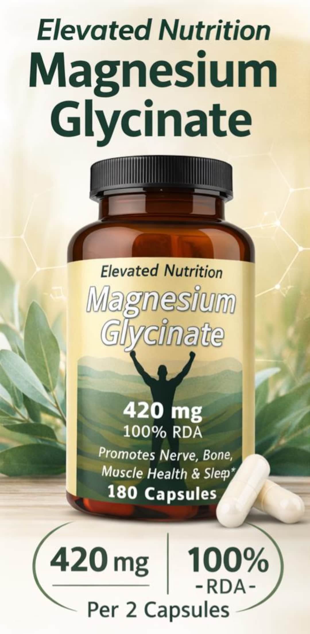 Magnesium Glycinate Capsules, 420mg, 100% RDA, Nerve, Bone, Muscle ...