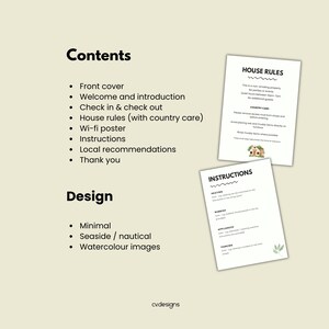 Puede incluir: Un documento beige con el t&iacute;tulo "Contenido" enumera temas como "Reglas de la casa" e "Instrucciones". Dos documentos adicionales muestran "Reglas de la casa" e "Instrucciones". El dise&ntilde;o es minimalista con im&aacute;genes de acuarela y un tema costero.