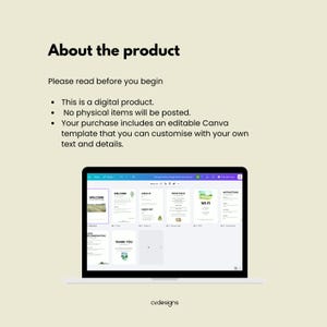 Puede incluir: Una computadora port&aacute;til muestra una plantilla de Canva con p&aacute;ginas como "Bienvenida", "Check-in" y "Wi-Fi". El texto de arriba dice "Acerca del producto". El texto de abajo dice "cv.designs."