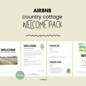 Puede incluir: Un paquete de bienvenida para una casa rural de Airbnb, con un paisaje de acuarela y texto. El paquete incluye informaci&oacute;n de bienvenida, registro de entrada, registro de salida y Wi-Fi, todo sobre un fondo crema. El dise&ntilde;o es simple y elegante.