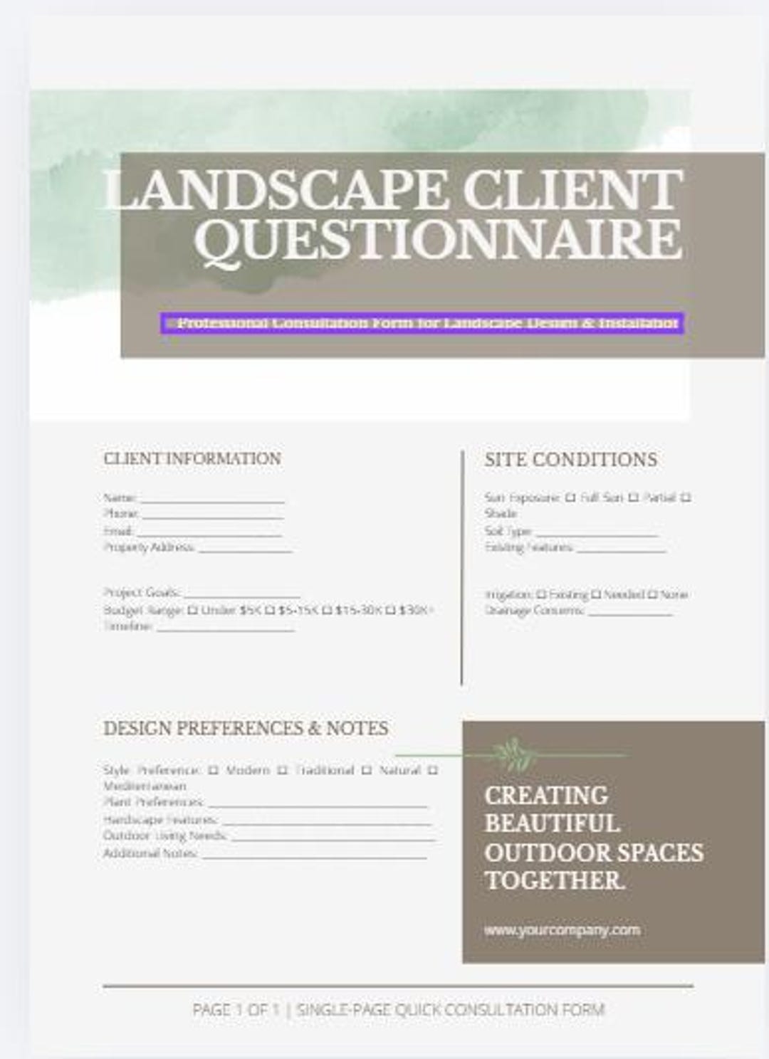 Landscape Client Questionnaire Template - Etsy