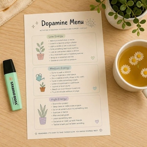Op de afbeelding: Een gedrukt "Dopamine Menu" met activiteiten om je dag te ondersteunen, een lichtgroene markeerstift, een kopje thee met bloemen en een kleine potplant. Het menu is verdeeld in activiteiten met lage, gemiddelde en hoge energie.