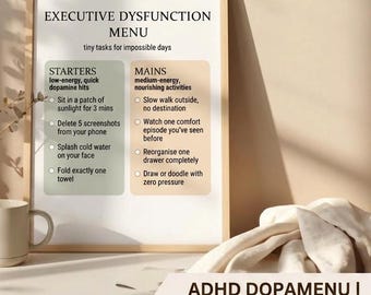 ADHD Dopamine Menu Template | Executive Dysfunction Tool for Task Paralysis, Low Energy Gentle Productivity Tracker Printable PDF
