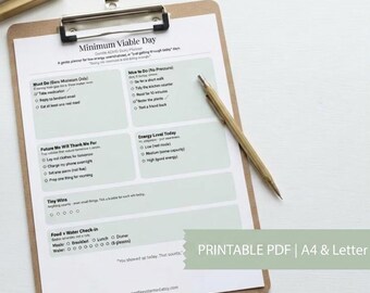Ausdruckbarer ADHS-Tagesplaner (PDF), Routine-Tracker für Tage mit wenig Energie, minimalistisches A4-Arbeitsblatt zu exekutiven Funktionsstörungen, Tagebuch für einen sicheren Raum