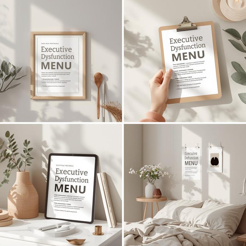 Pu&ograve; includere: Quattro immagini che mostrano il "MENU Disfunzione Esecutiva". Il menu &egrave; presentato in una cornice di legno, su una clip board, su un tablet e come piccola stampa. Il testo &egrave; nero su sfondo bianco.