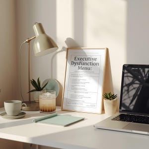 Pu&ograve; includere: Una scrivania con un cartello incorniciato "Executive Dysfunction Menu", un laptop, una lampada da scrivania, una tazza di caff&egrave;, un blocco note e un bicchiere di bevanda ghiacciata. Il testo &egrave; in nero.