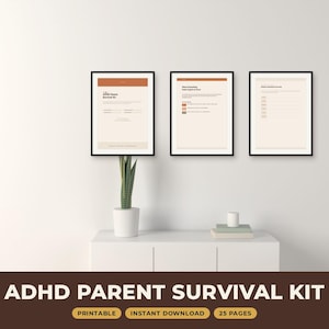 Op de afbeelding: Drie ingelijste documenten getiteld ADHD Parent Survival Kit aan een muur. De documenten hebben een crèmekleurige achtergrond met terracotta accenten en zwarte tekst. De eerste pagina toont de titel, de tweede somt taken op en de derde is een checklist.