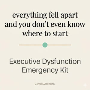 Op de afbeelding: Een grafische print op een lichtbeige achtergrond met de zwarte tekst: everything fell apart and you don't even know where to start. Daaronder staat een horizontale lijn met een groenblauwe cirkel, gevolgd door de tekst: Executive Dysfunction Emergency Kit.