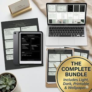 May include: A digital planner bundle featuring a laptop, tablet, and printed pages. The laptop displays various planner layouts in shades of gray and white. The tablet shows a dark mode planner. The bundle includes light, dark, printable, and wallpapers.