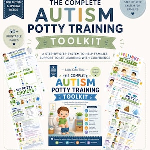 May include: A printable autism potty training toolkit featuring a step-by-step system for families. The set includes parent planning worksheets, visual routines, communication cards, and reward charts with illustrations of a child using a toilet.
