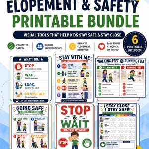 May include: A printable bundle for autism support, with visual tools to help children stay safe. Includes guides on staying with an adult, walking feet vs. running feet, and making safe choices. The bundle promotes safety, builds independence, and reduces elopement behaviour.
