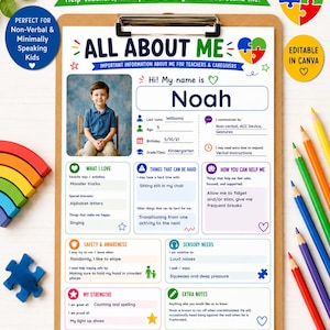 May include: A printable "All About Me" template for teachers and caregivers, featuring a photo of a young boy named Noah. The template includes sections for personal information, preferences, strengths, and sensory needs. The text reads "Introduce. Inform. Support."