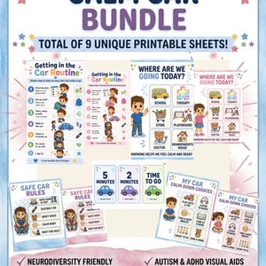 May include: A bundle of nine printable sheets with the title "CALM CAR BUNDLE". The sheets include visual aids for car routines, safe car rules, and calm-down choices. The bundle is designed to help reduce car travel stress.