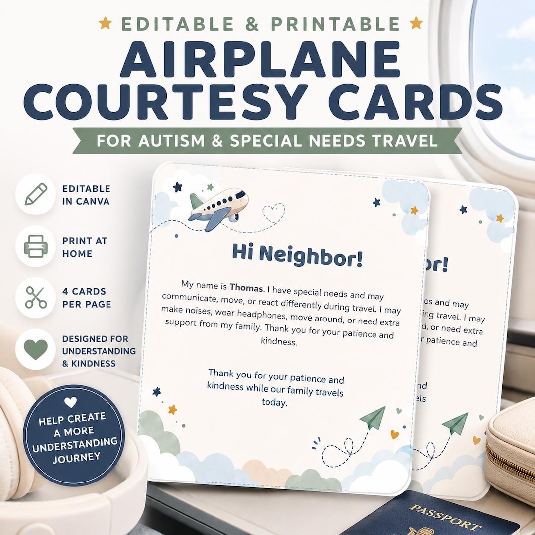 Courtesy Note Card Flying With Autism Printable | Special Needs Airplane Card | Editable ...